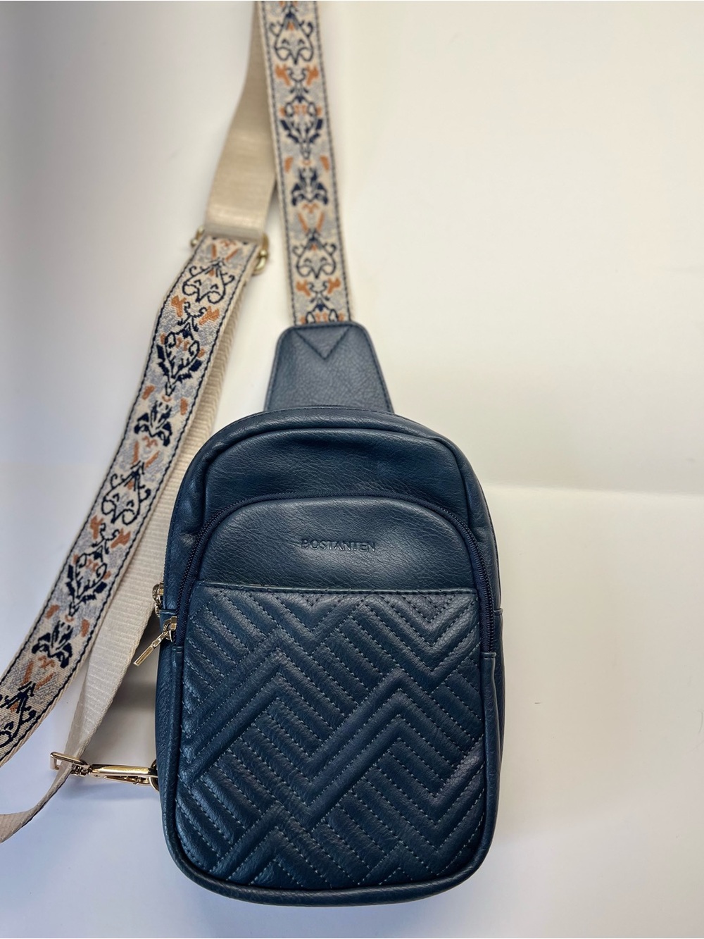 Bostonian Navy Quilted Crossbody Sling Bag with Patterned Strap